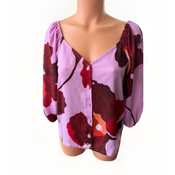Sanctuary Floral Blouse Size XS Pink Maroon V-Neck Button Front - Picture 1 of 5